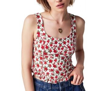 Free People Floral Red and Cream Crop Top